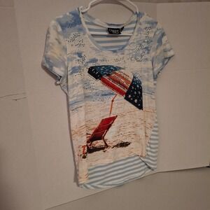 Onque Casual Womens Small Blue White Striped American Flag Beach Rhinestone Tee‎